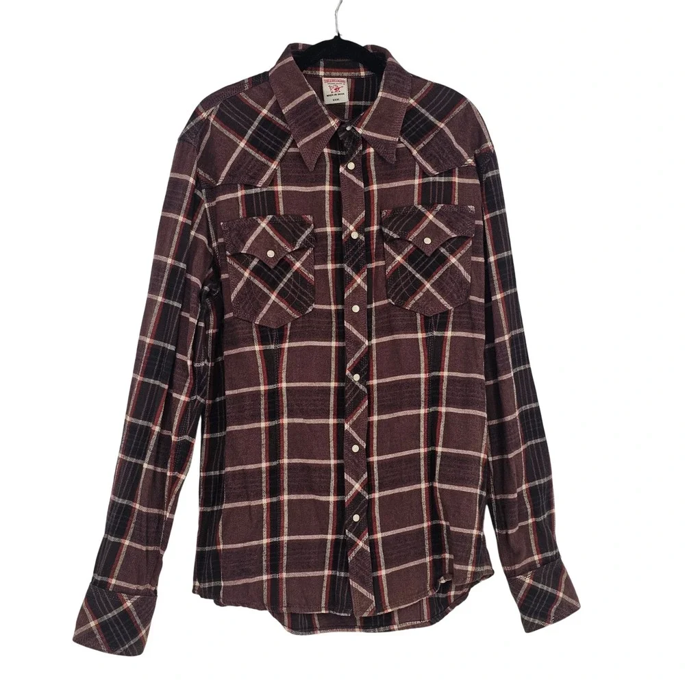 True Religion Western Pearl Snap Shirt XXXL Maroon Plaid Cowboy Grunge Urban